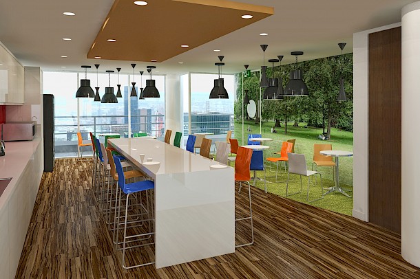 CGI image of workplace kitchen breakout area with city views