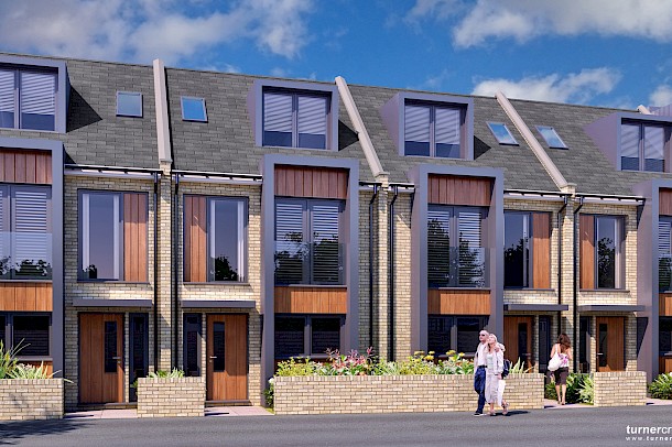 Modern terraced residential scheme with feature lead cladding