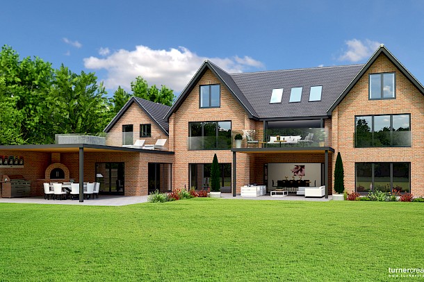 Illustration of large modern home with spacious grounds and covered dining terrace