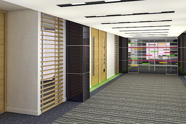 CGI of office meeting rooms corridor with colour scheme