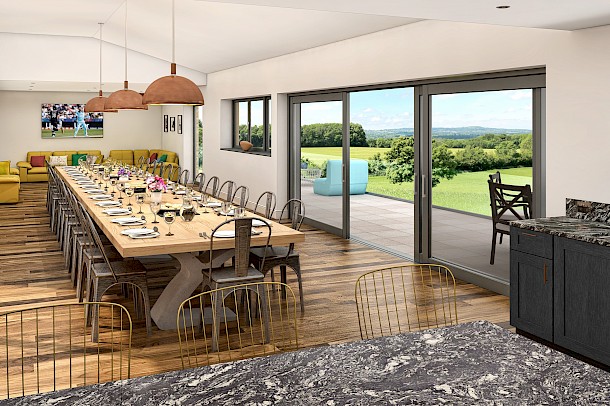 Architectural CGI of interior dining space with rural views