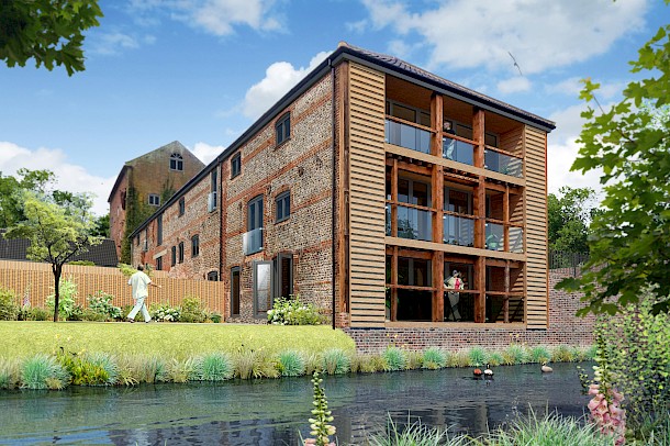 Traditional mill conversion with balcony detail and timber cladding