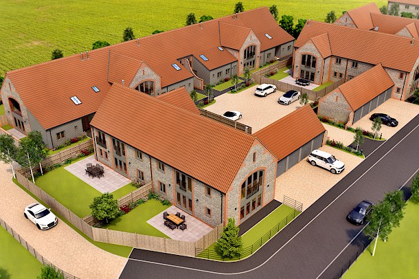 Aerial view CGI for barn style residential development