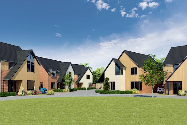 Street view of contemporary new-builds in East Anglia
