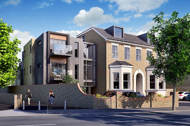 Crawley terrace illustration with adjoining contemporary apartments