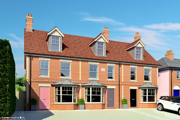 Marketing illustration for new build terrace with dormers and bay windows
