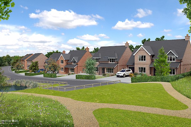 Street scene CGI with detached housing, wildflower meadows and communal park