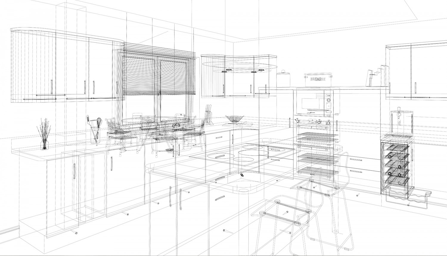 Skeleton line drawing of Kitchen interior