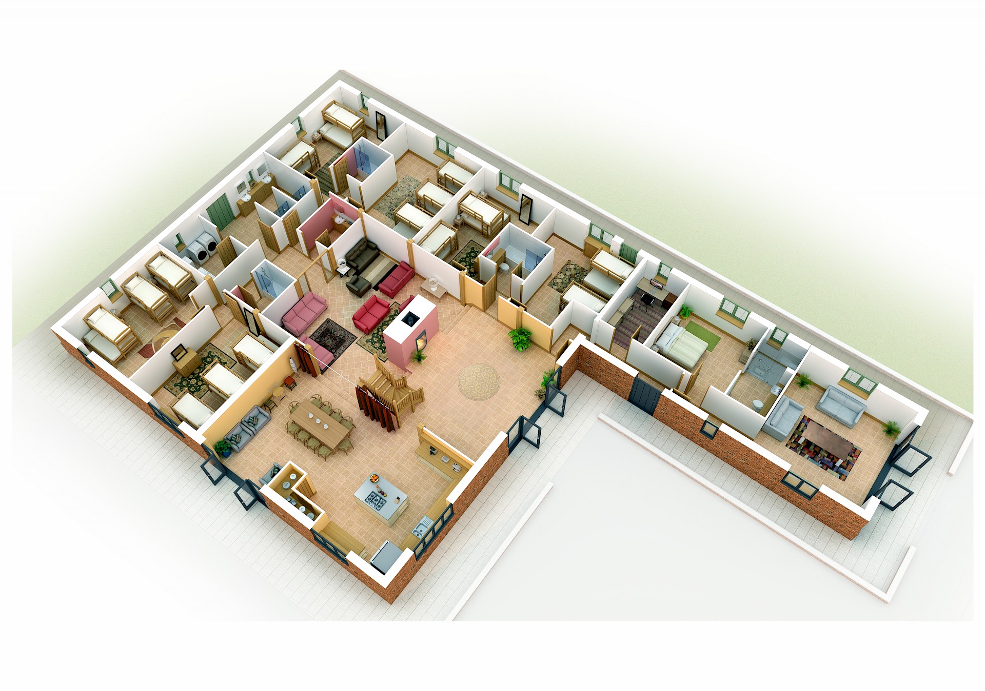 Angled 3D interior layout for large home