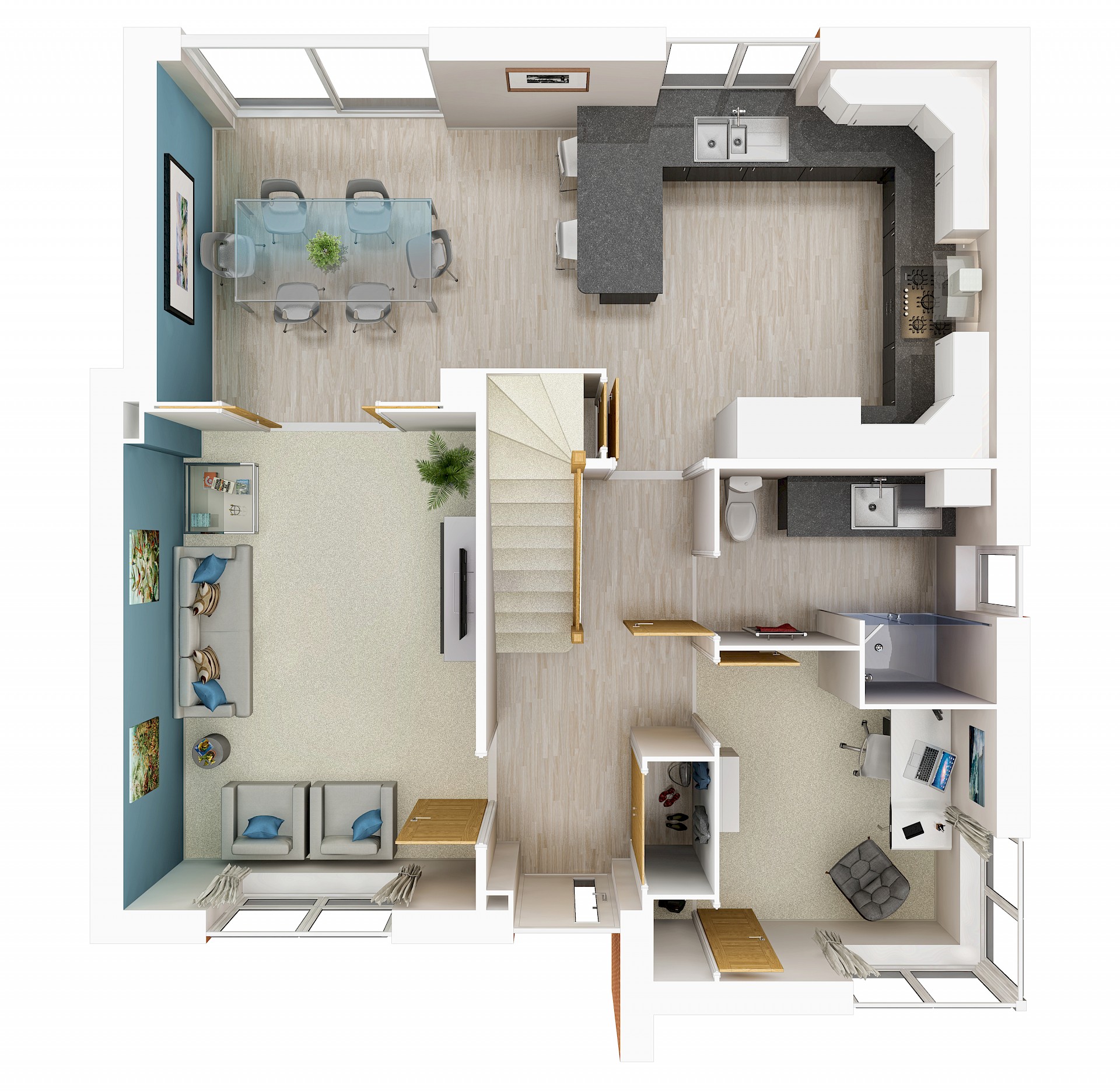 3D floorplan of ground floor contemporary house with kitchen diner