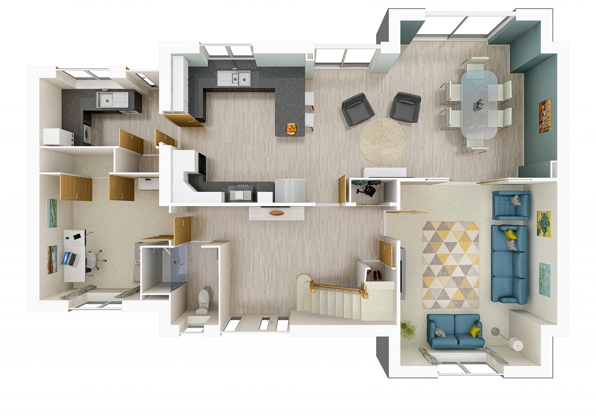 3D interior floor plan of large contemporary house with open plan living kitchen diner