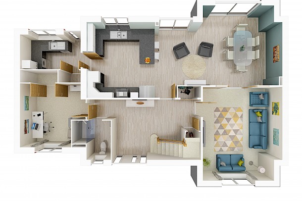 3D interior floor plan of large contemporary house with open plan living kitchen diner