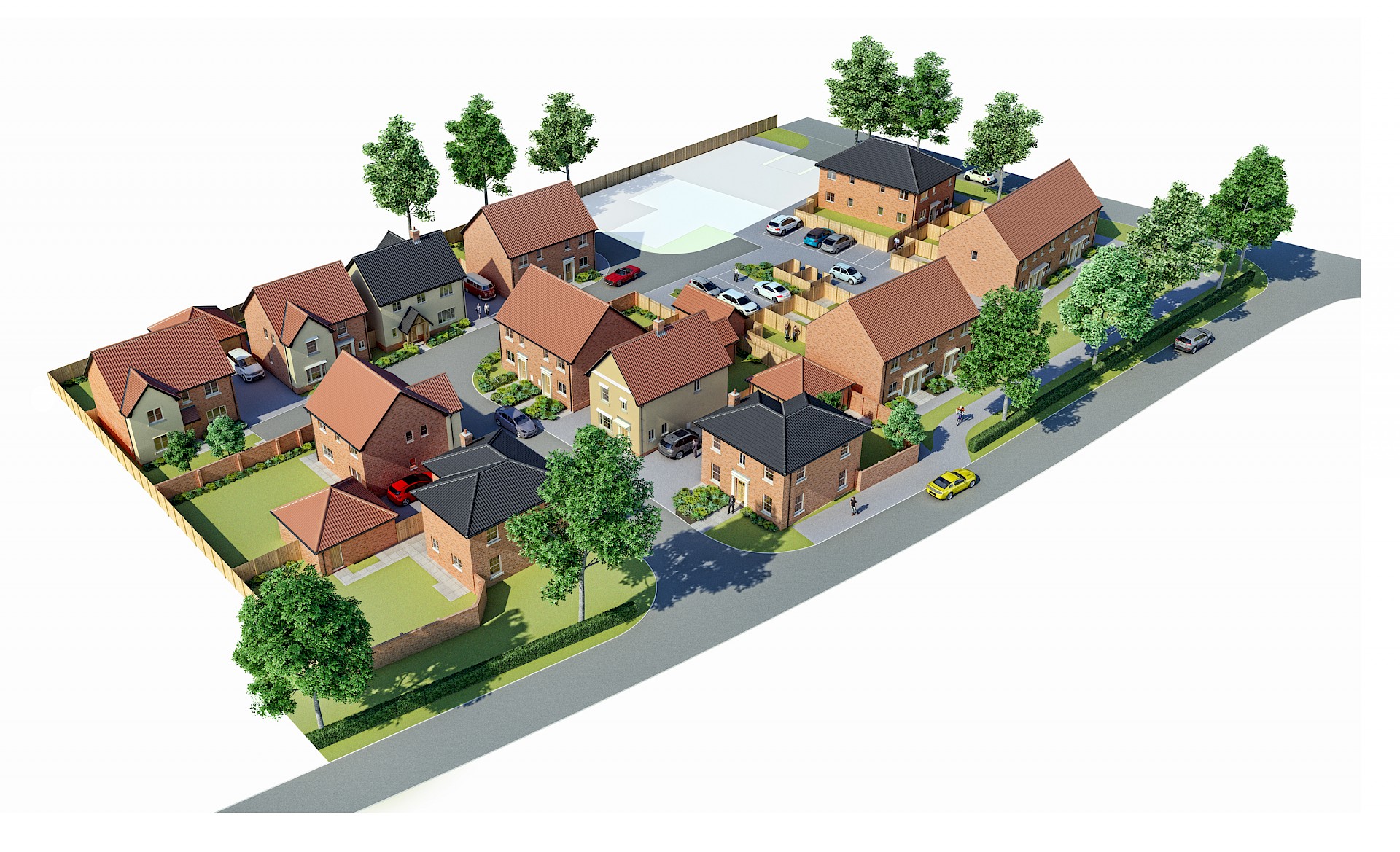 Aerial birdseye illustration of residential plots with planting