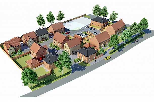 Aerial birdseye illustration of residential plots with planting