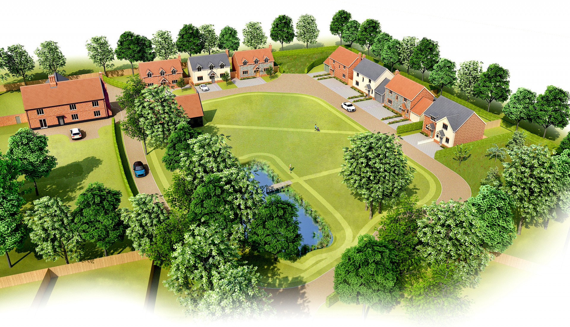 Aerial view of housing development around village green POS