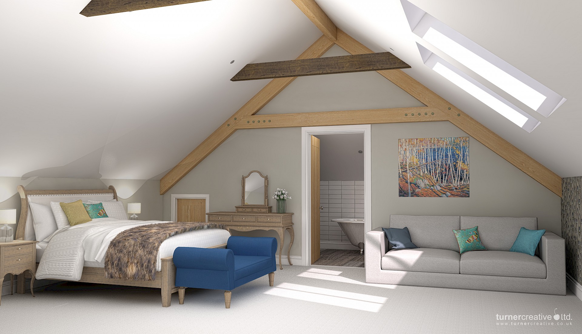 CGI bedroom interior with velux roof lights and en-suite