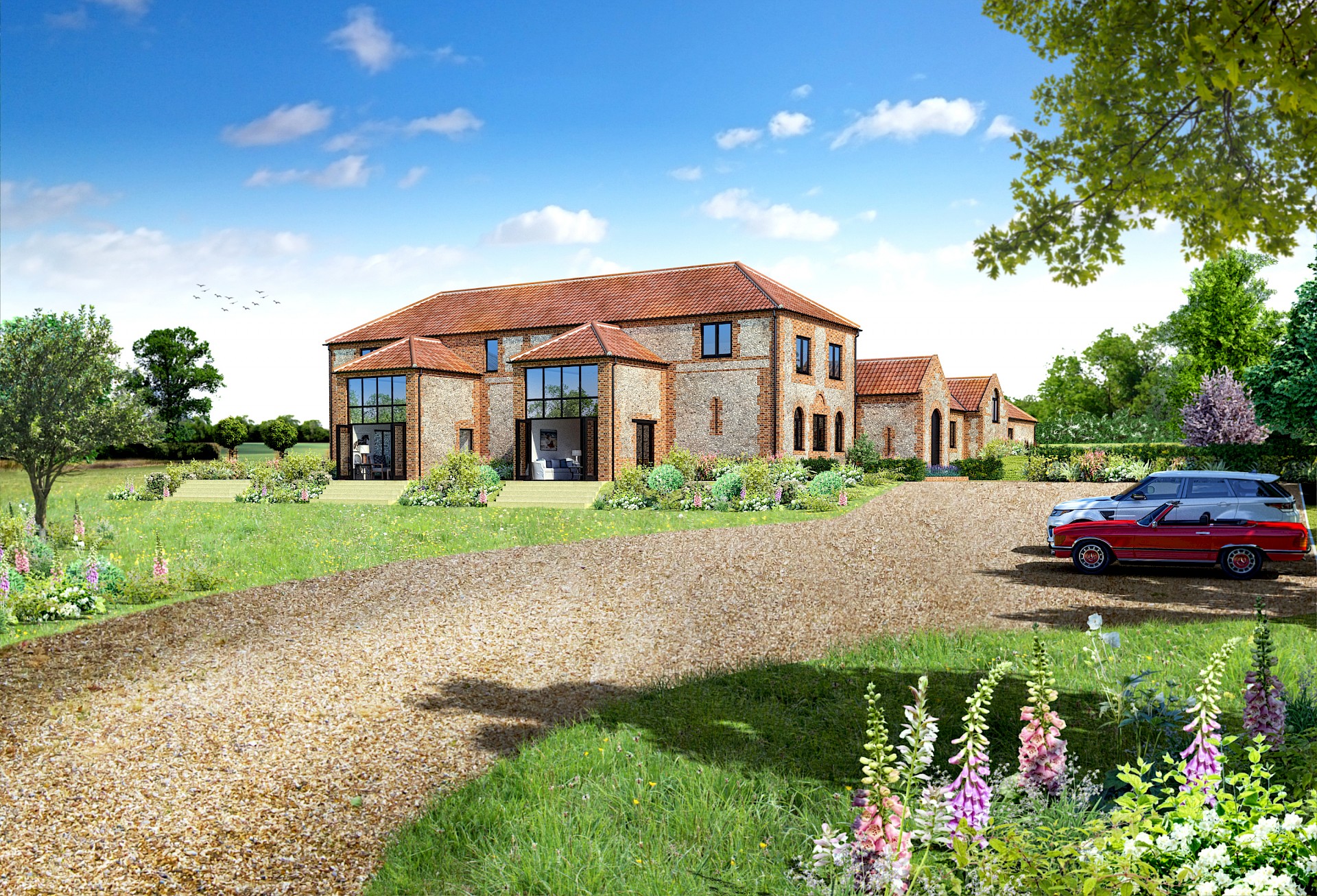 Norfolk flint barn conversion illustration with landscaping