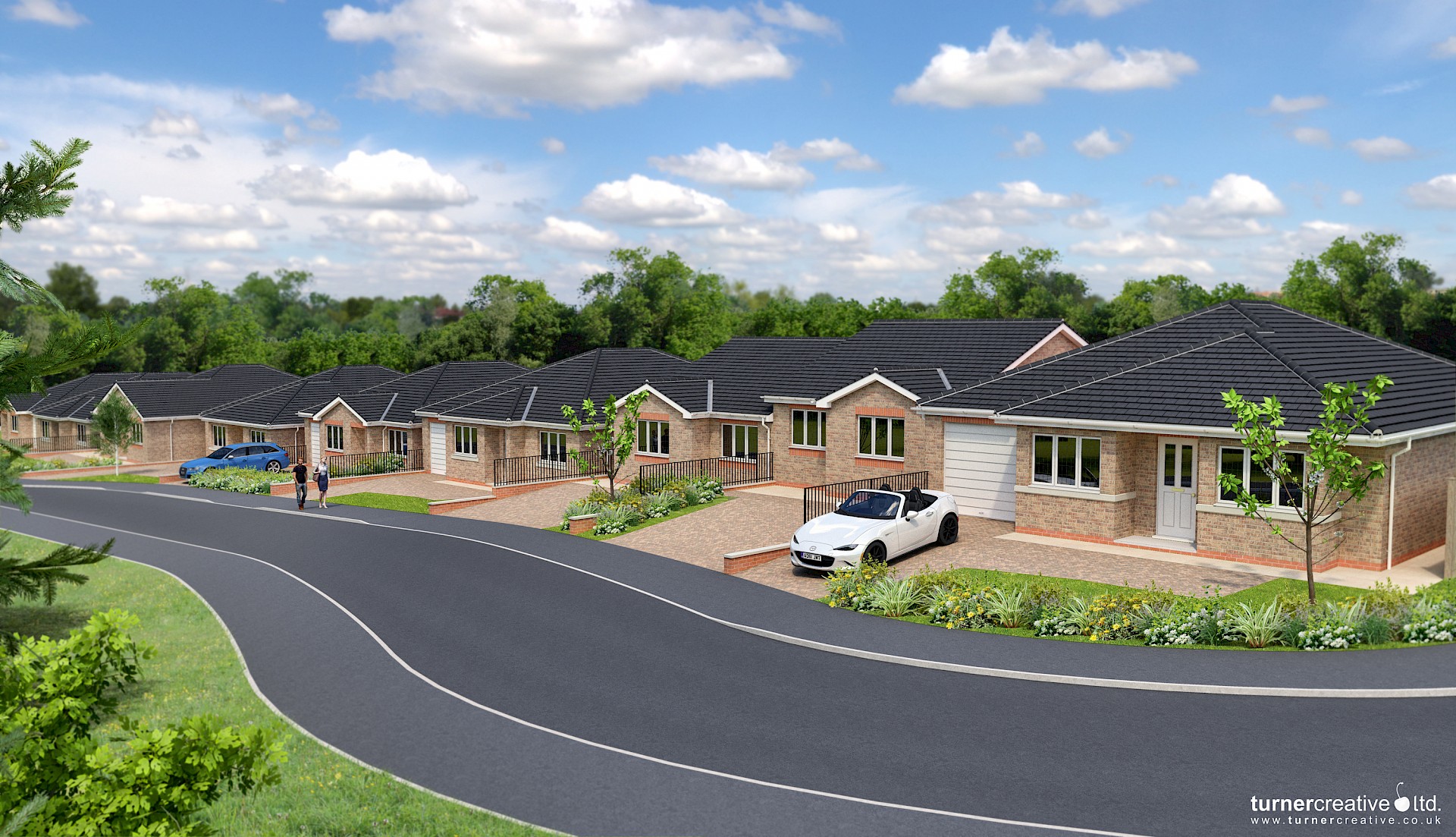 Street scene looking down hill at detached bungalows