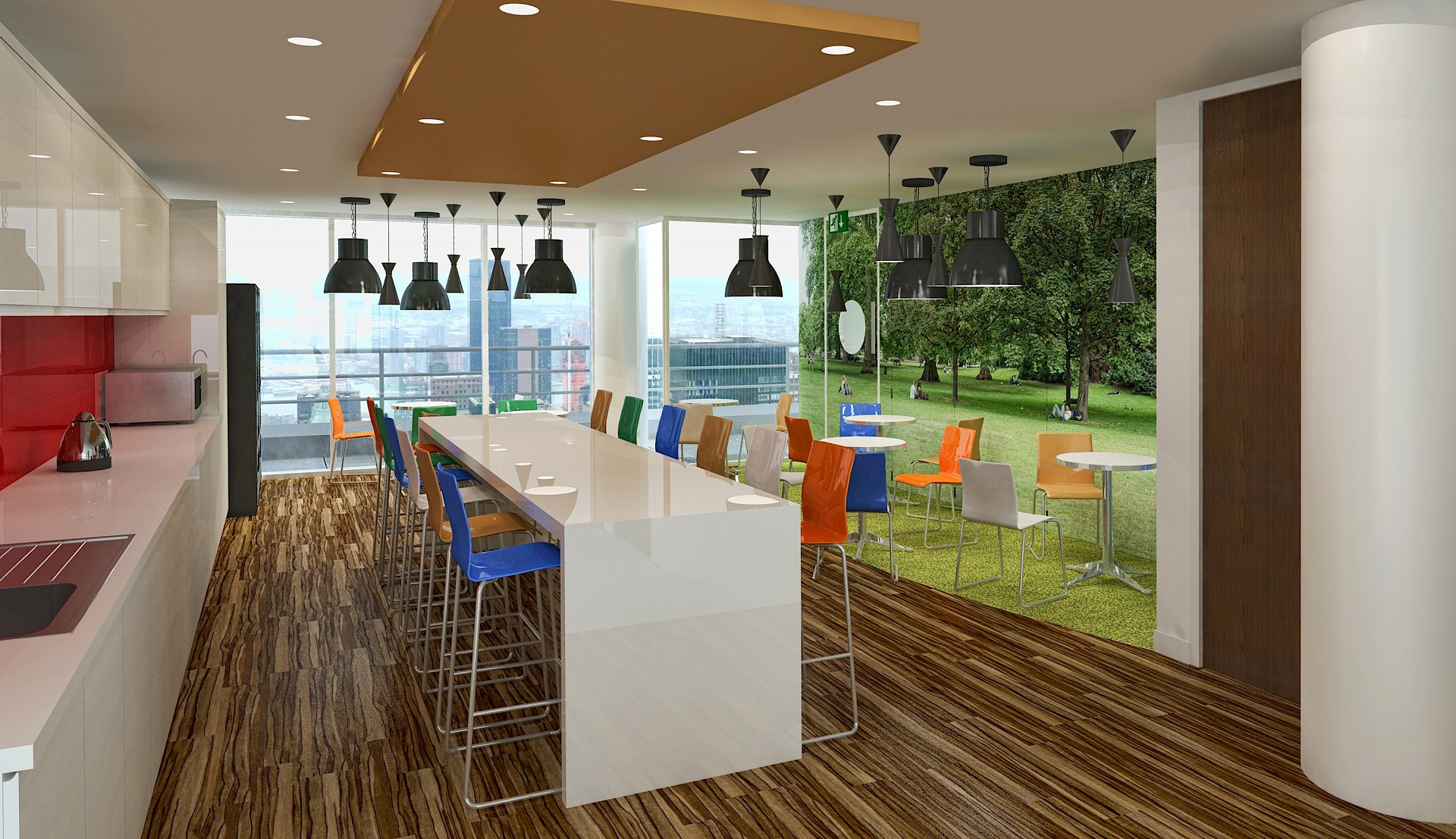 CGI image of workplace kitchen breakout area with city views