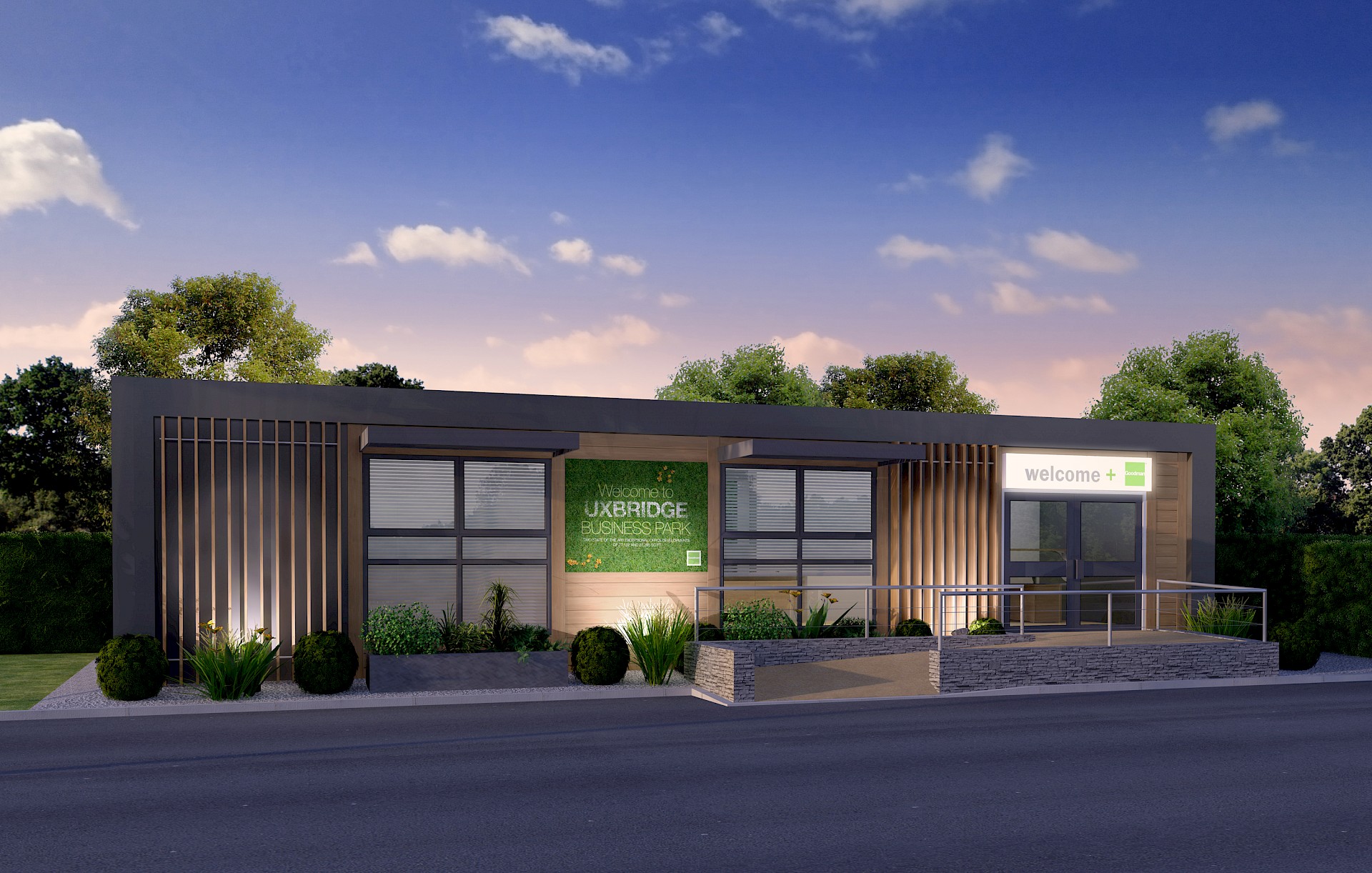 Evening scene of commercial unit with uplighting