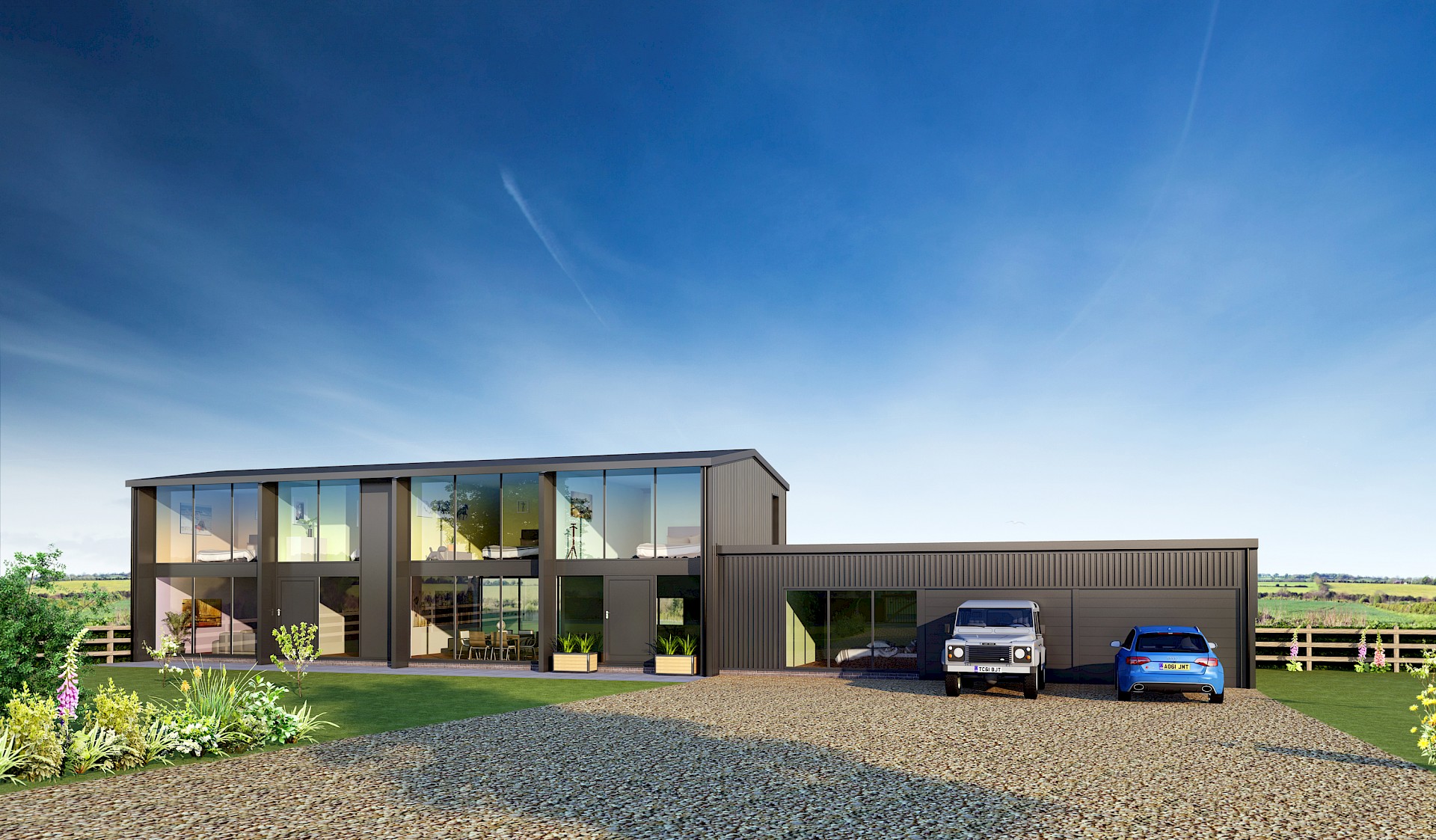 Modern rural barn conversion in black cladding with picture windows