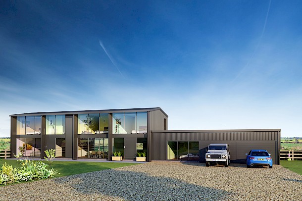 Modern rural barn conversion in black cladding with picture windows