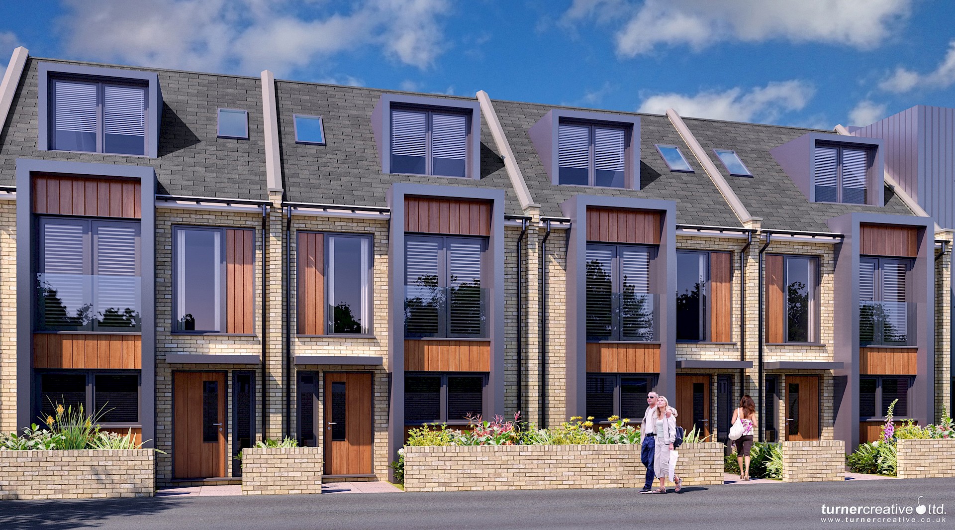 Modern terraced residential scheme with feature lead cladding