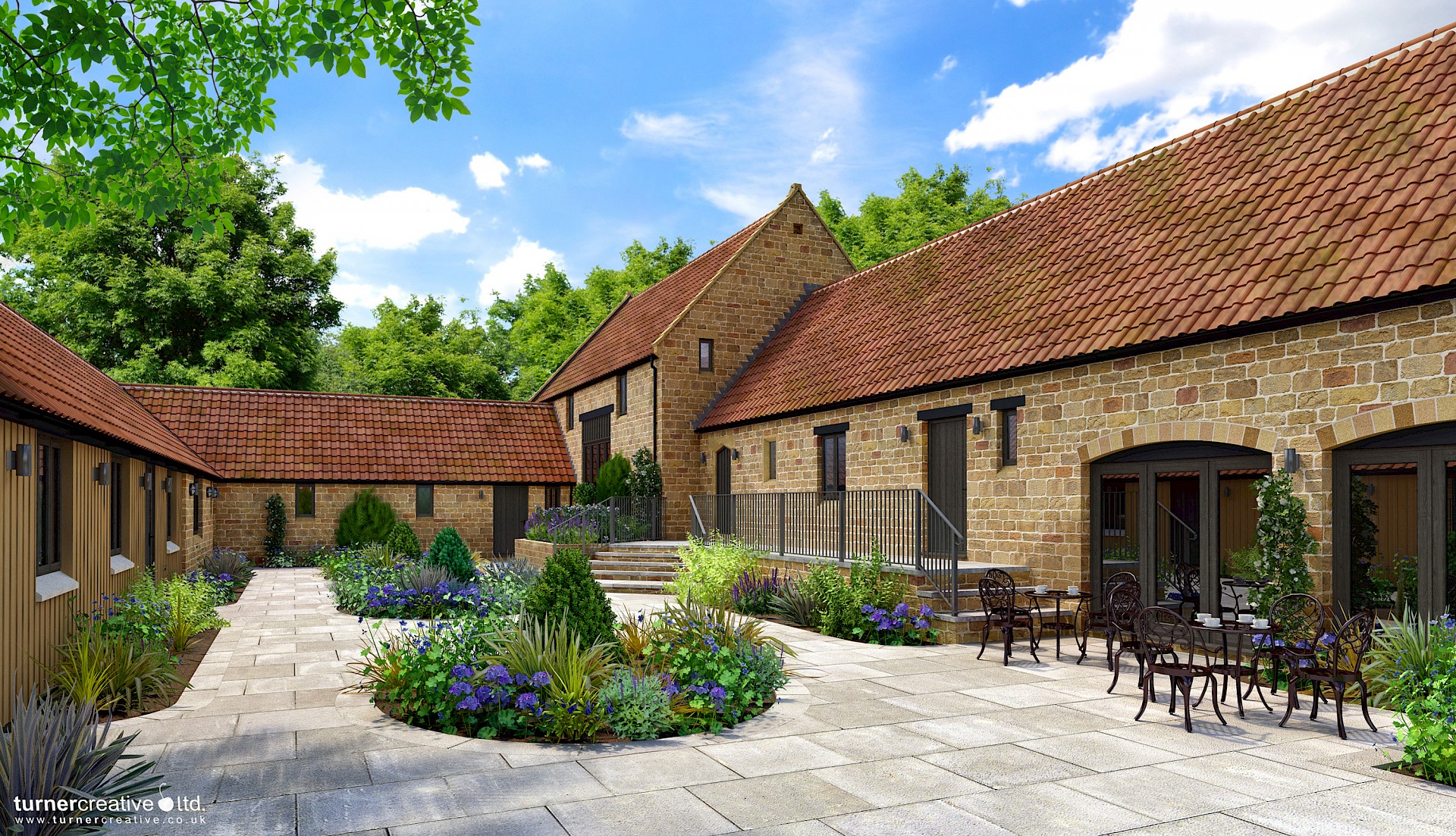 Terrace CGI for renovated rural barns and farmhouse