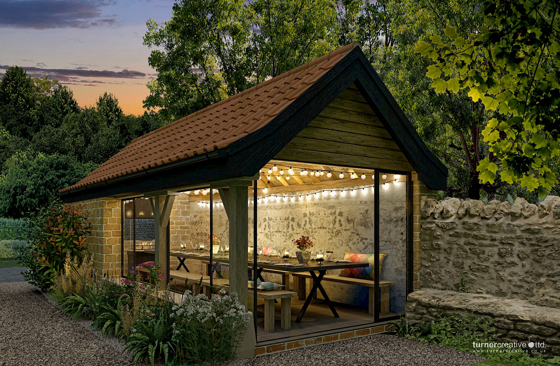 Converted barn BBQ seated dining shelter for garden makeover.