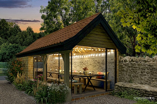 Converted barn BBQ seated dining shelter for garden makeover.