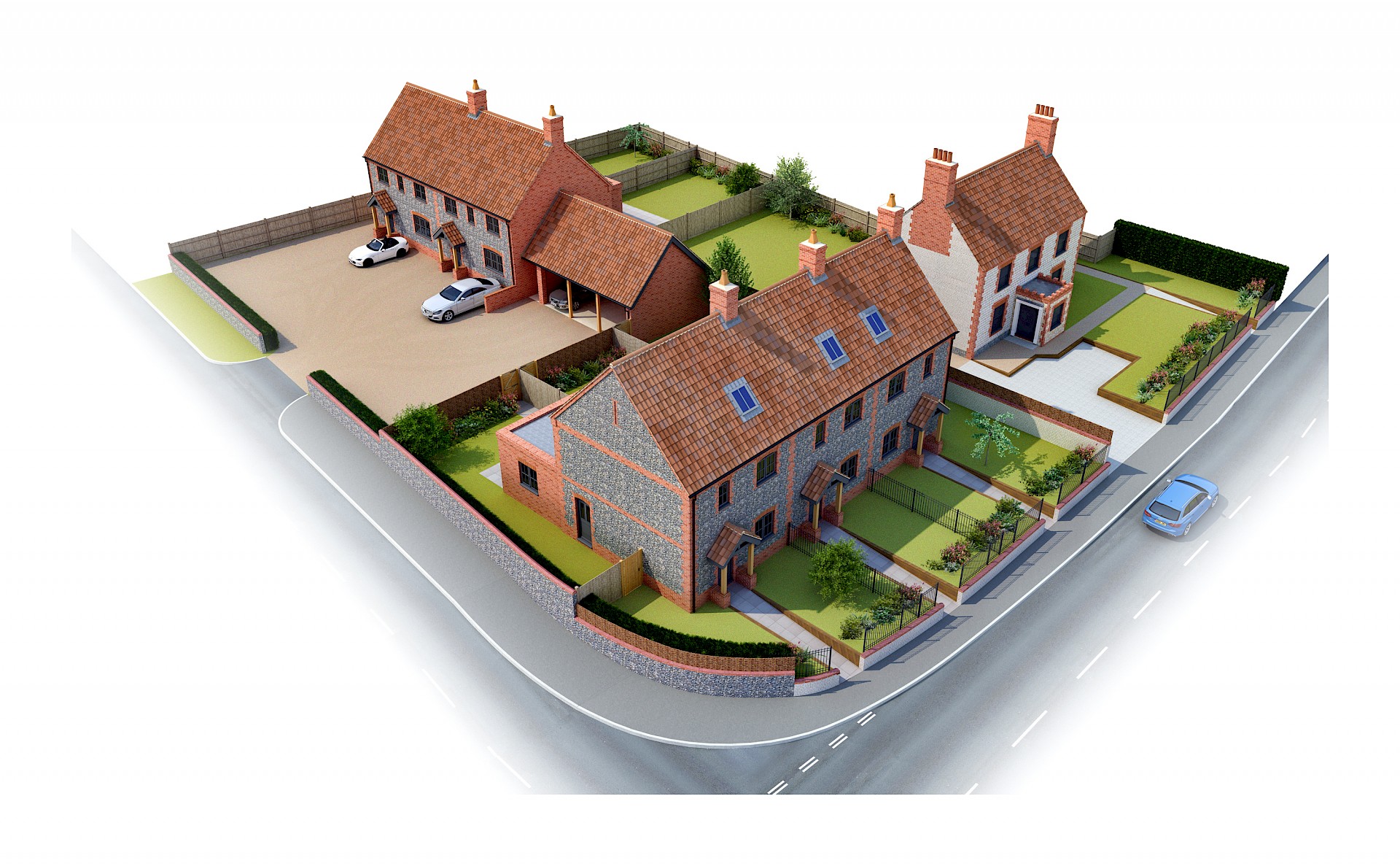 Birdseye CGI of Corner development with flint terrace and parking
