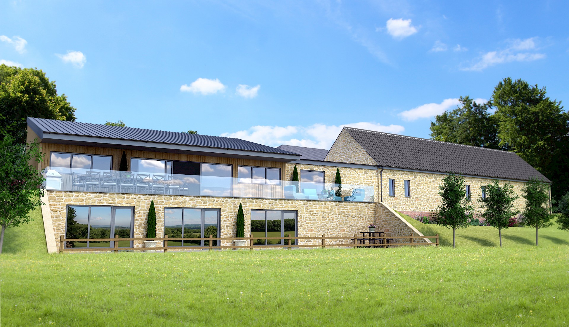 CGI of stone barn conversion with new build annex and glass balustrade terrace