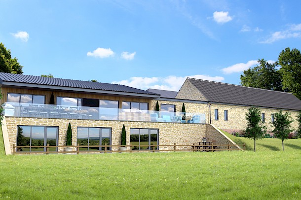 CGI of stone barn conversion with new build annex and glass balustrade terrace