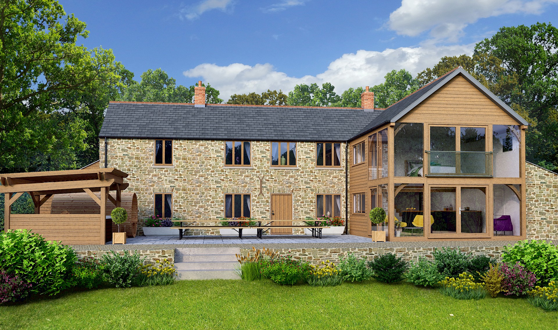 Heritage traditional stone farmhouse with oak glazed extension