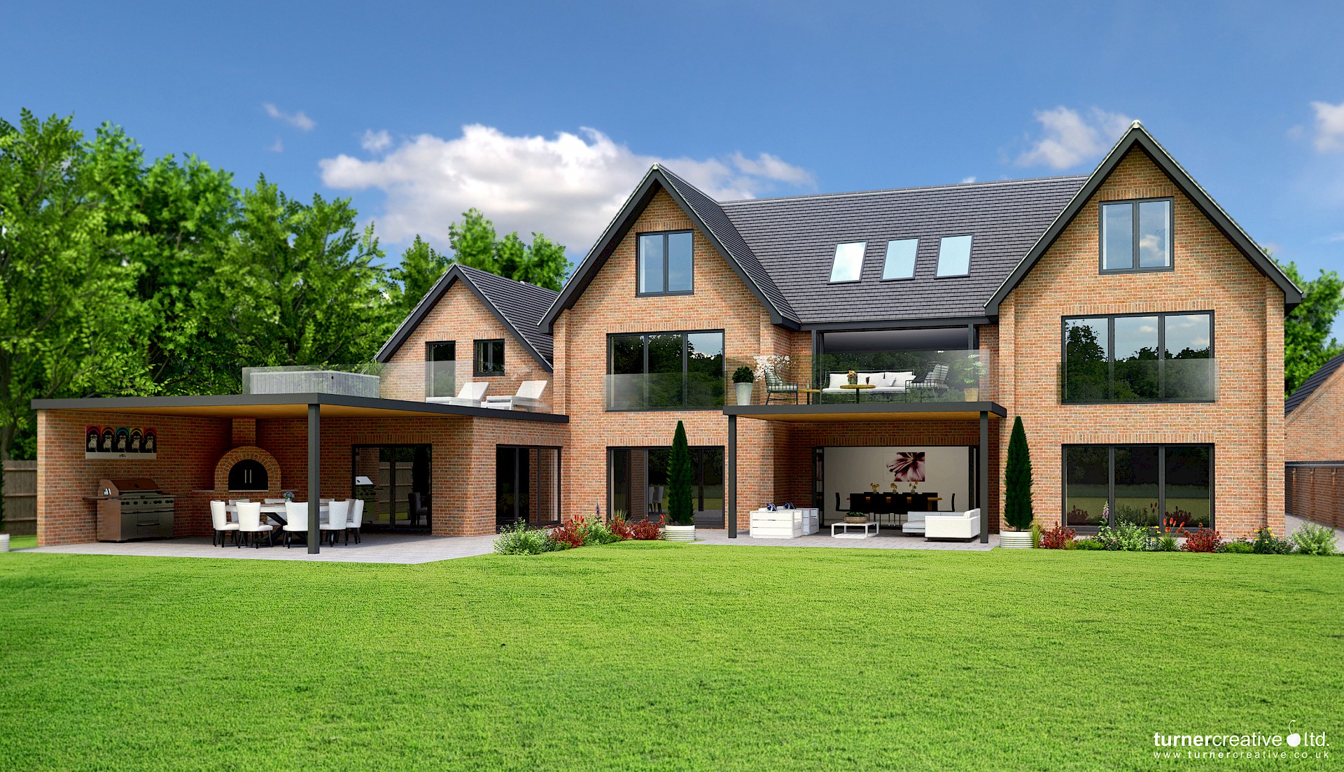 Illustration of large modern home with spacious grounds and covered dining terrace