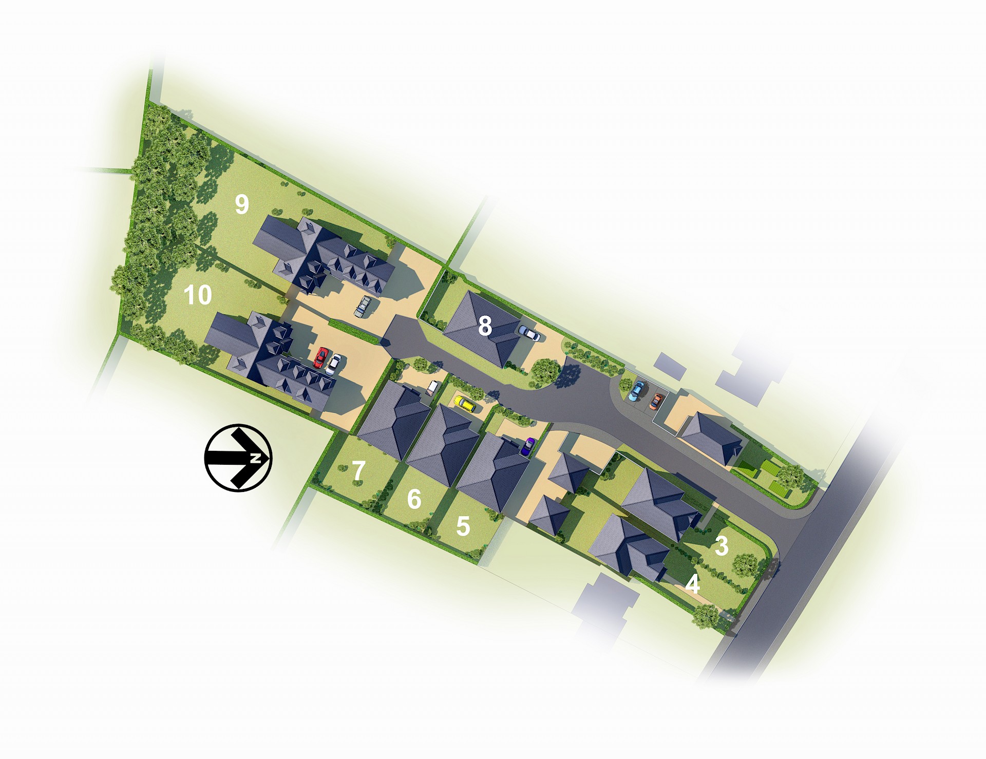 2D colour site layout with planting and numbered house plots