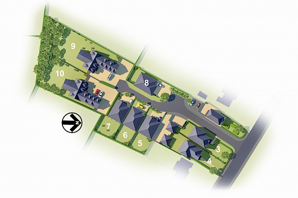 2D colour site layout with planting and numbered house plots