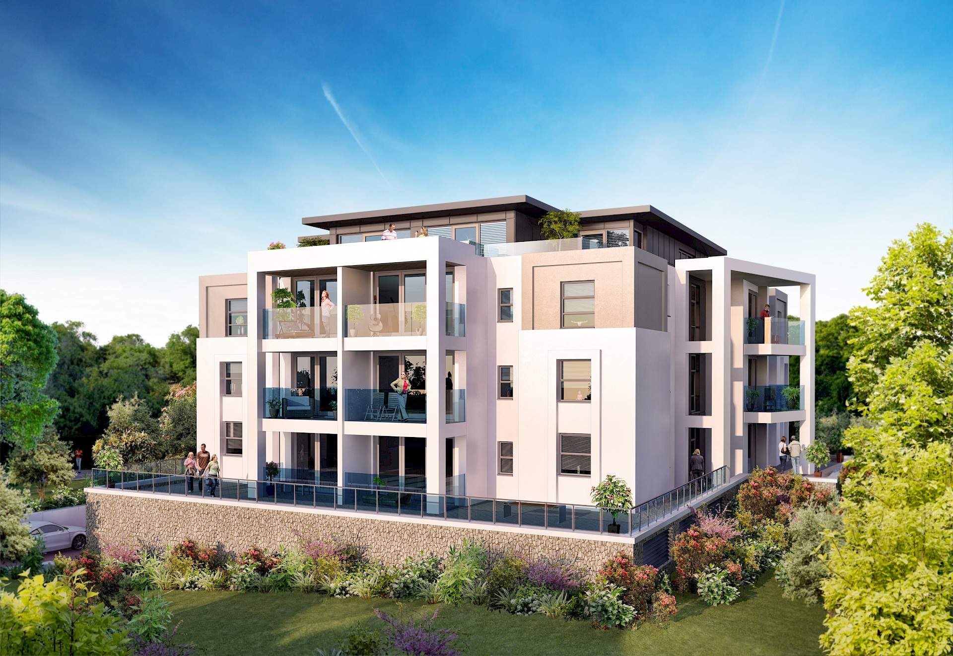 Birdeye view of modern flats with balconies and raised terrace