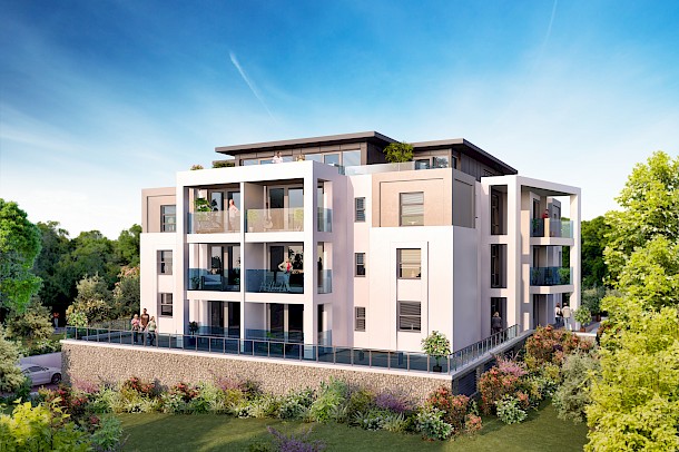 Birdeye view of modern flats with balconies and raised terrace