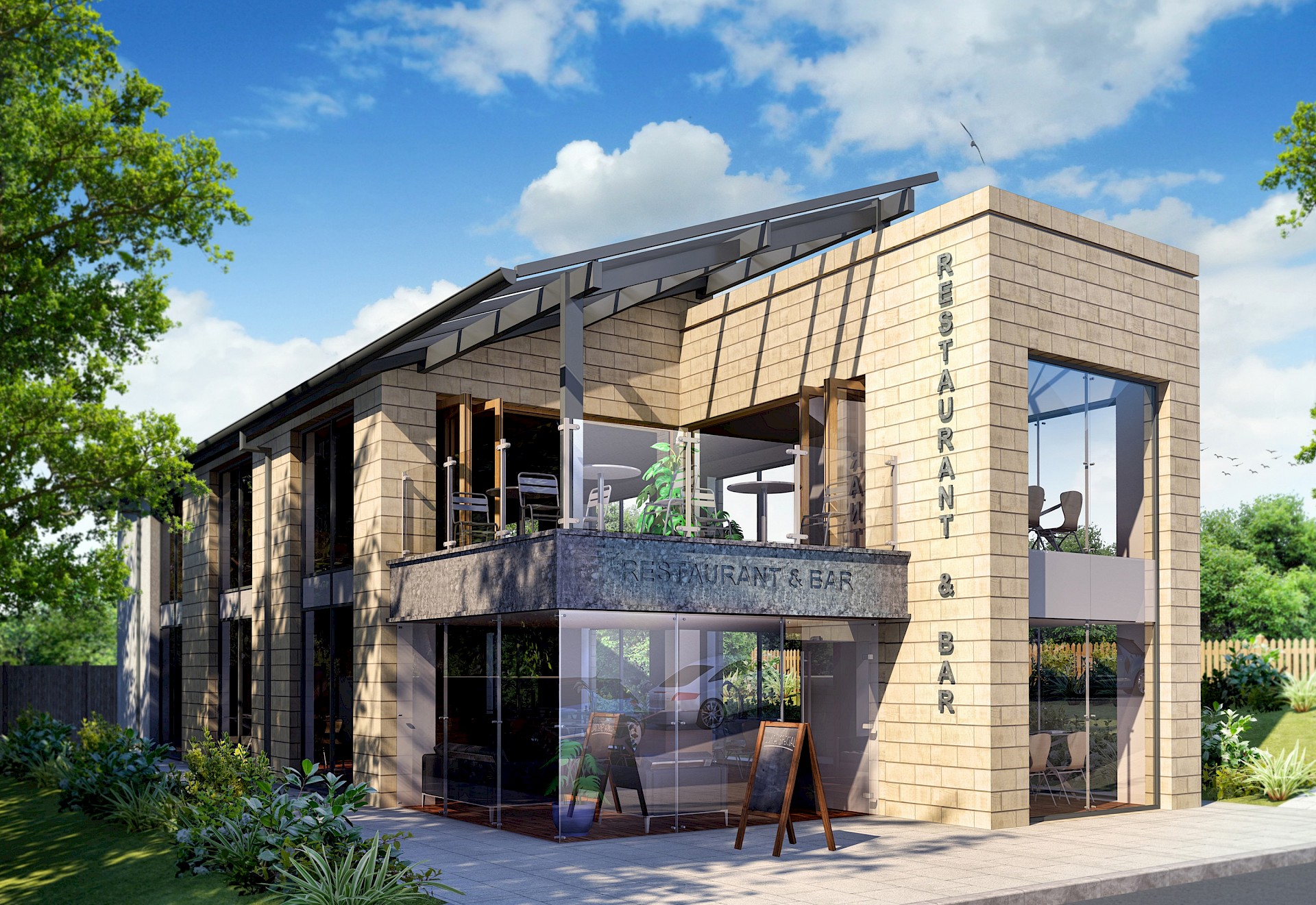 Restaurant bar with balcony and modern glazed canopy