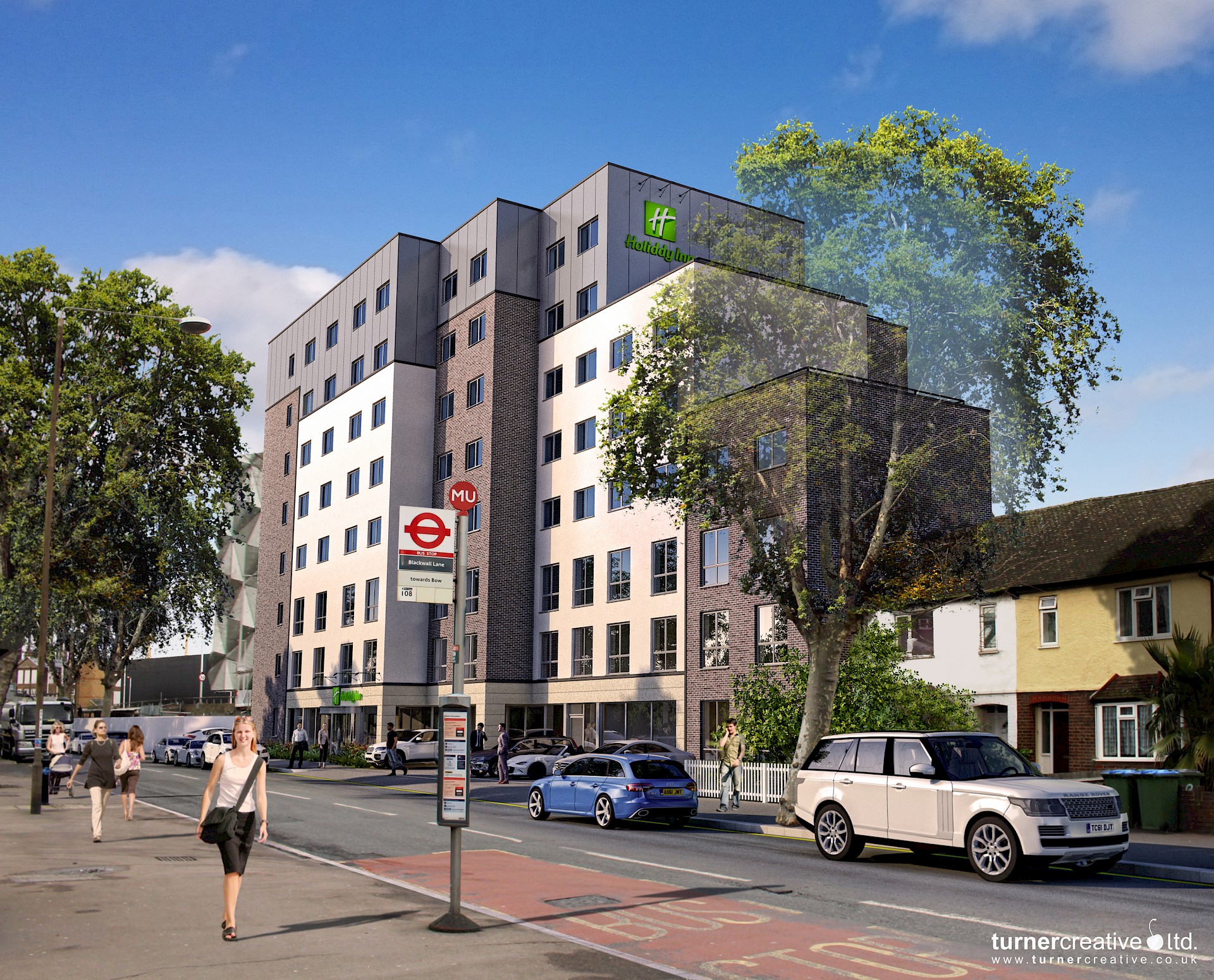 CGI photo fit busy high street with Holiday Inn hotel, traffic and pedestrians