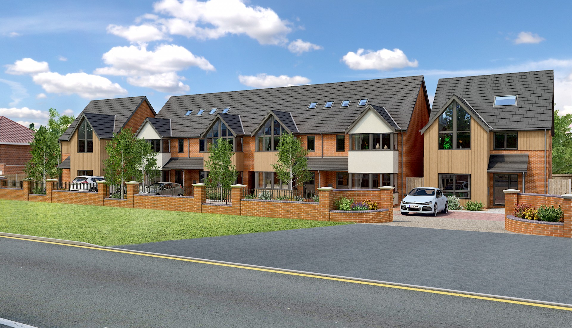 Terraced houses in brick, cladding and render on Weybourne Road Sheringham