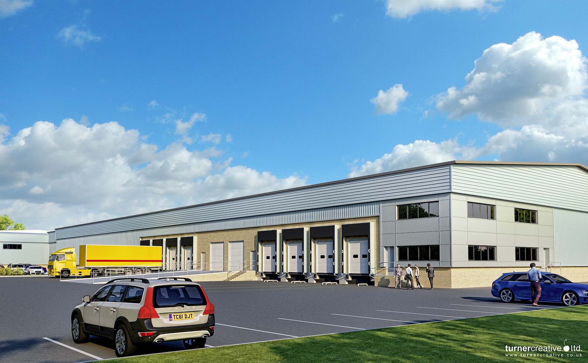 Eye-level CGI of industrial units with loading bays for commercial purposes