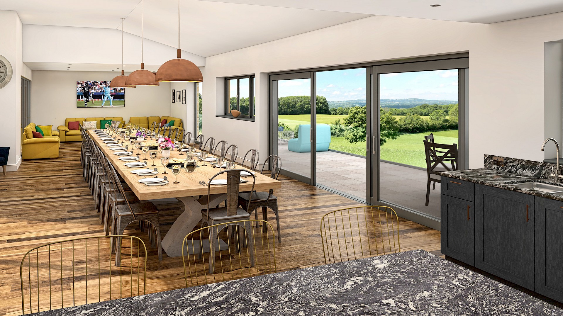 Architectural CGI of interior dining space with rural views