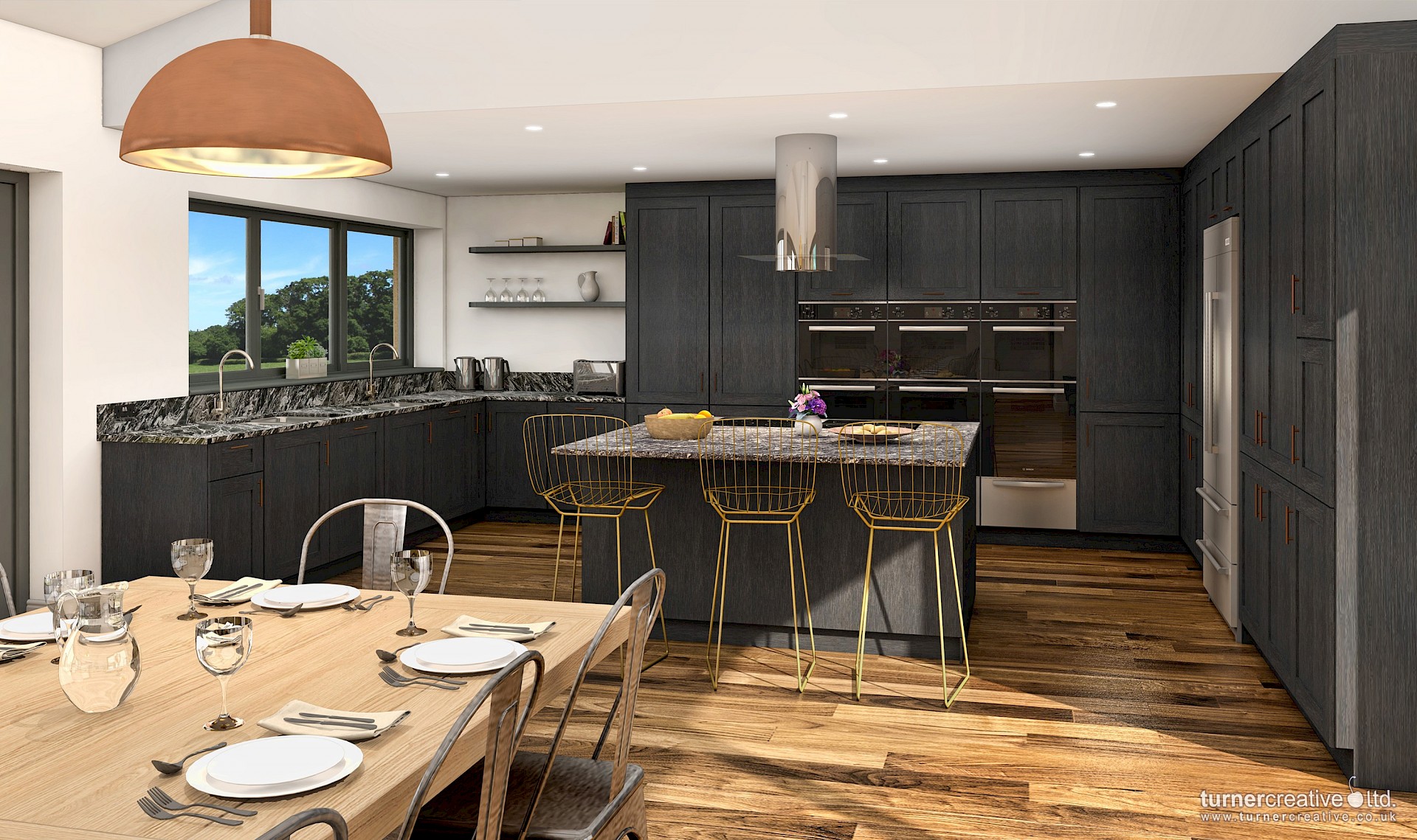 Interior illustration of bespoke kitchen with breakfast island