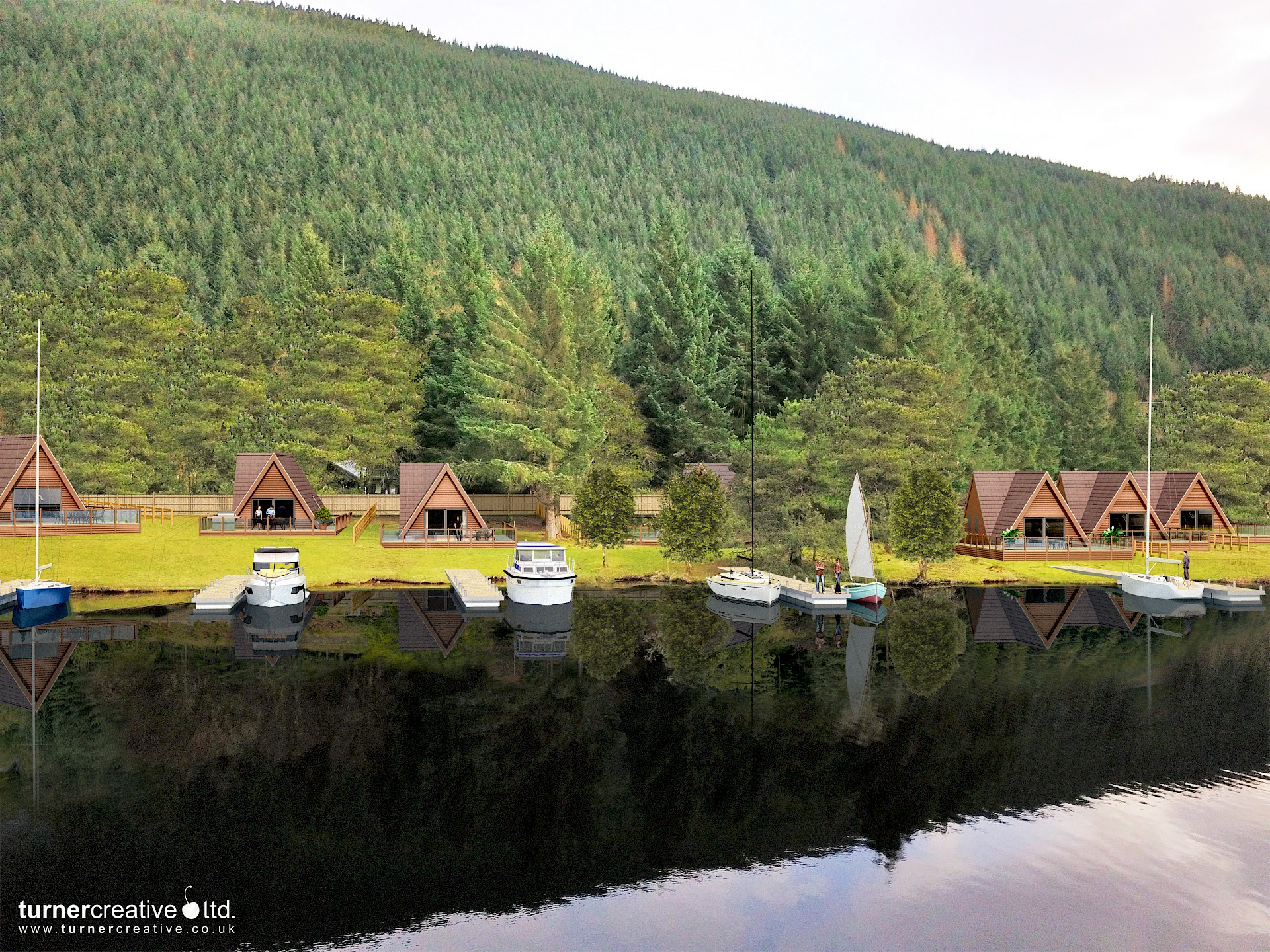 Timber holiday lodges on lake shore with sailing boats and jetty