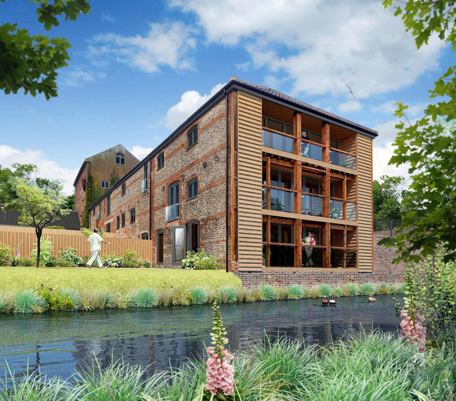 Traditional mill conversion with balcony detail and timber cladding
