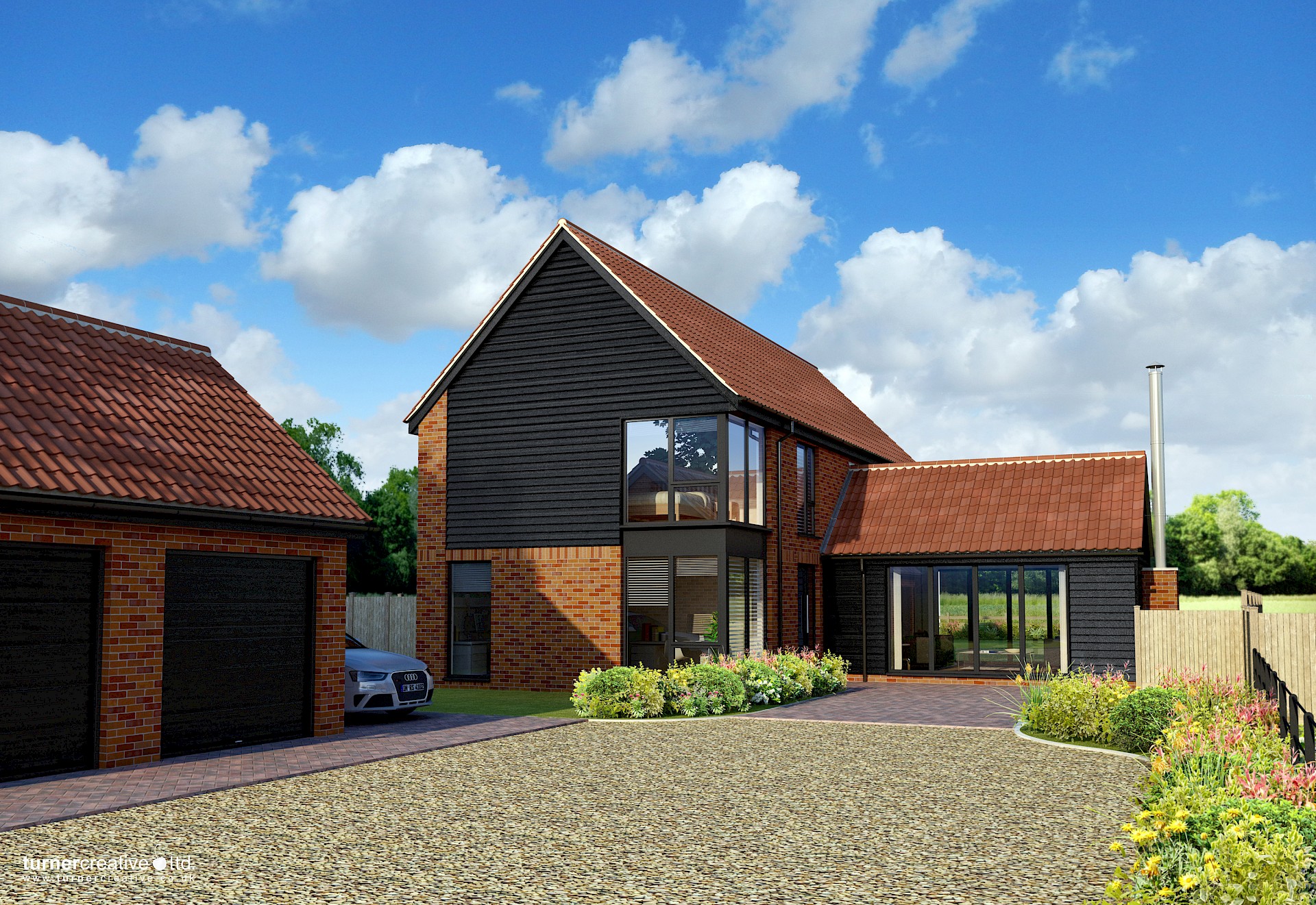 Modern wood cladding and brick house illustration