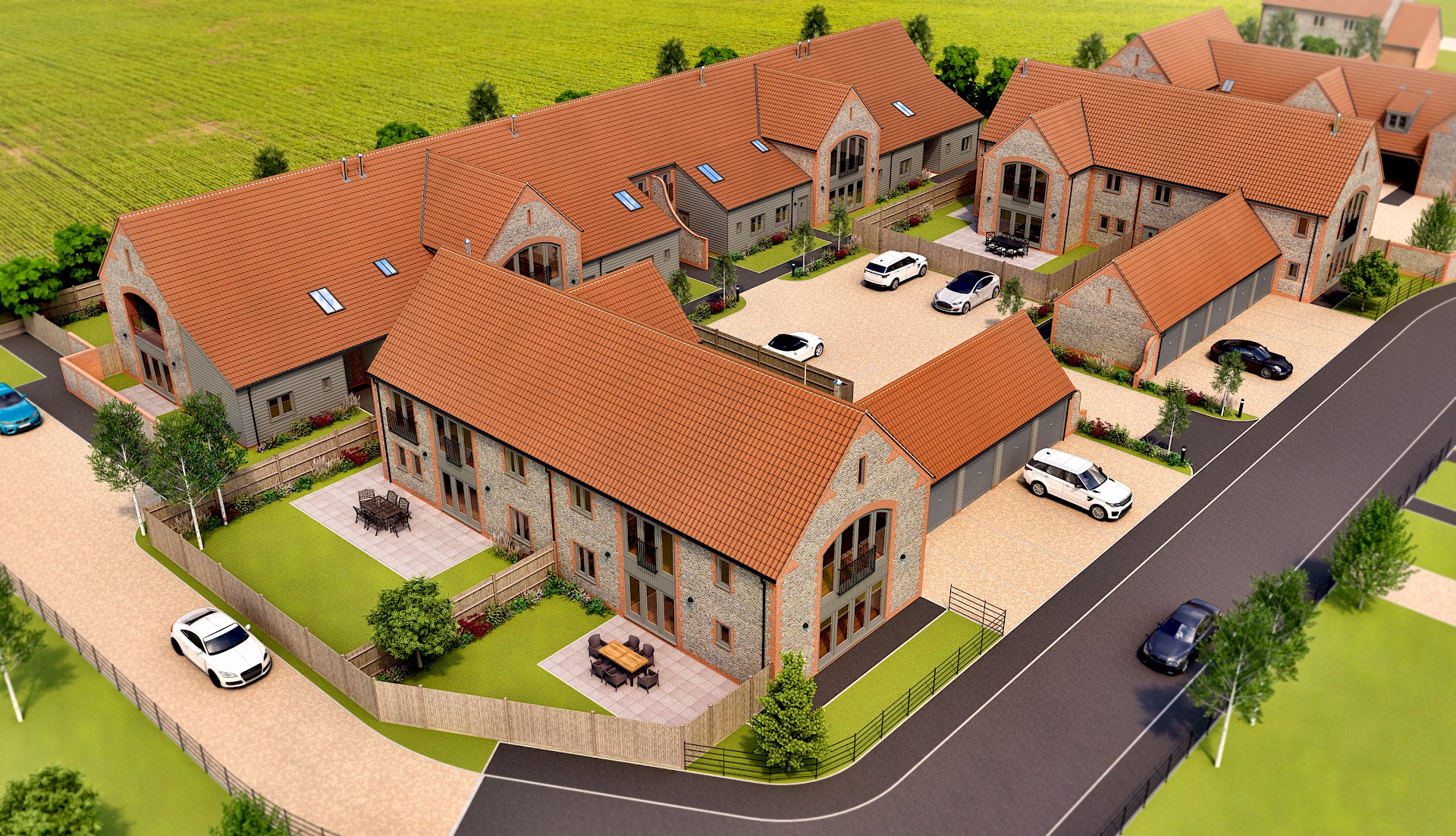 Aerial view CGI for barn style residential development
