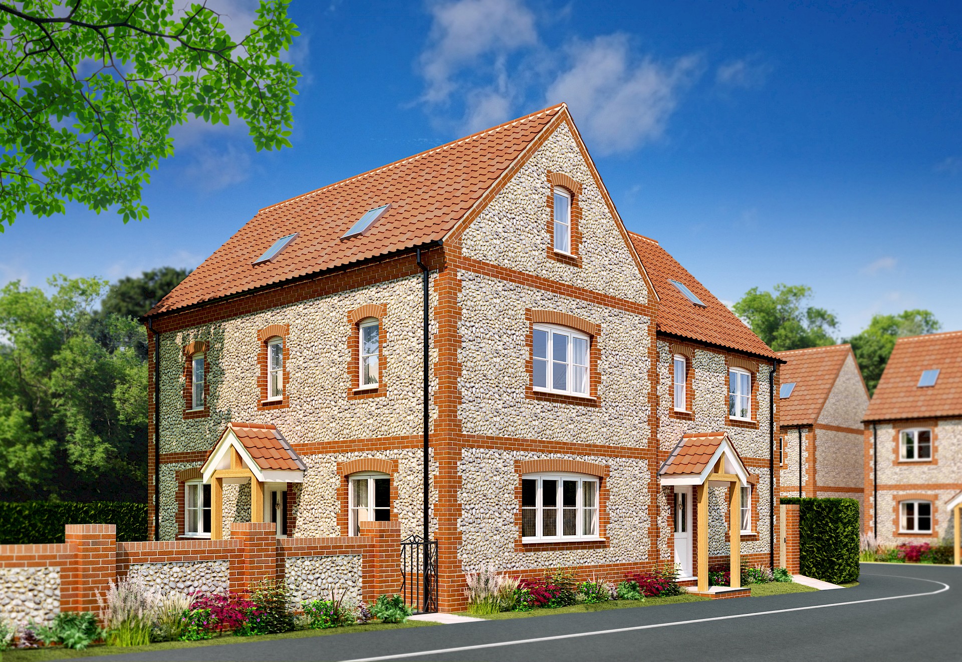 Traditional materials flint and brick town house illustration